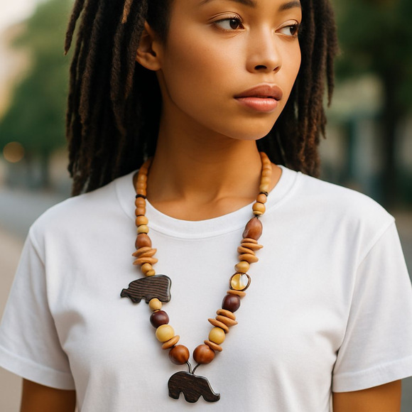 VTG 70s Boho Tribal Necklace Wood Beads Carved Elephant Pendant Earthy Artisan - Picture 3 of 14